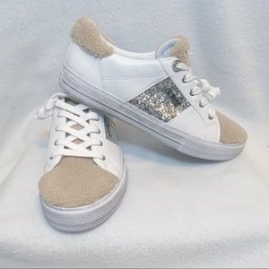 Guess Glitter Lace-Up Sneakers White & Tan New 10